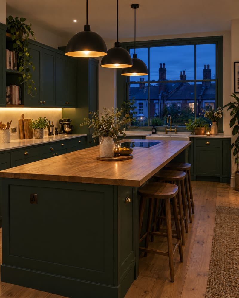 A green kitchen at dusk lit by three black pendant lights over an oak island and warm LED strips under the cabinets