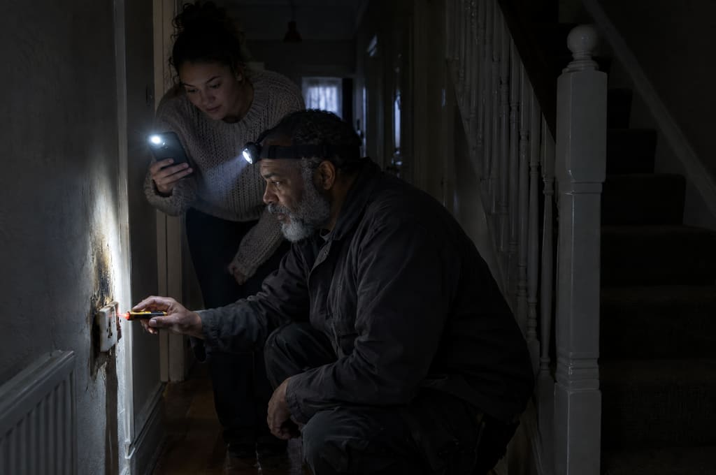 Andre wearing a head torch, checking a scorched socket with a voltage tester while the homeowner lights the hallway with her phone