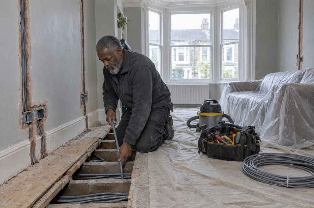 Andre feeding new cable between lifted floorboards in a Victorian front room, sofa and floor covered with dust sheets
