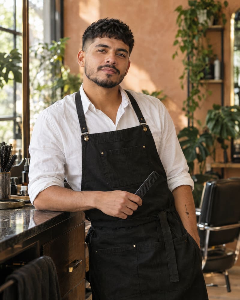 Álex, stylist, leaning on his station with a comb