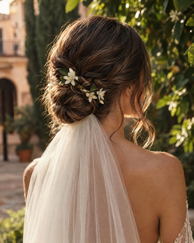 Low bridal chignon with orange blossom and a tulle veil