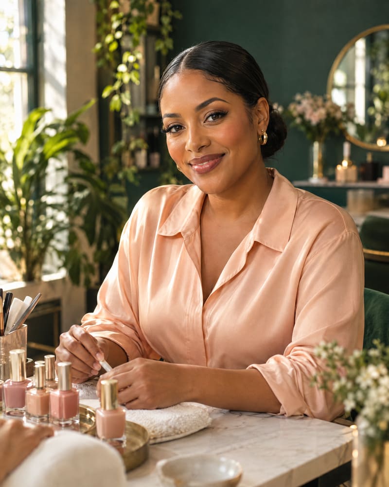 Inés, nail artist, at her table with nude polishes