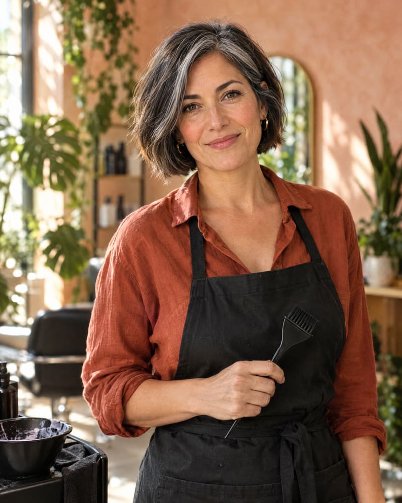 Marta, colourist, holding a tint brush
