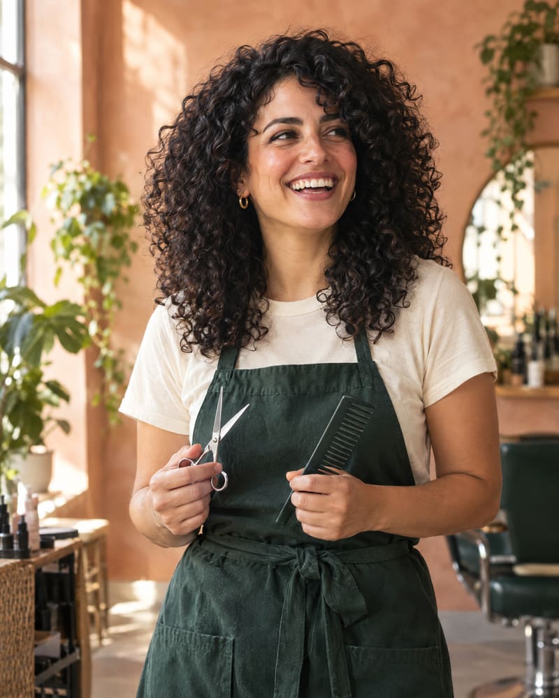 Nadia, stylist, laughing with scissors and a comb