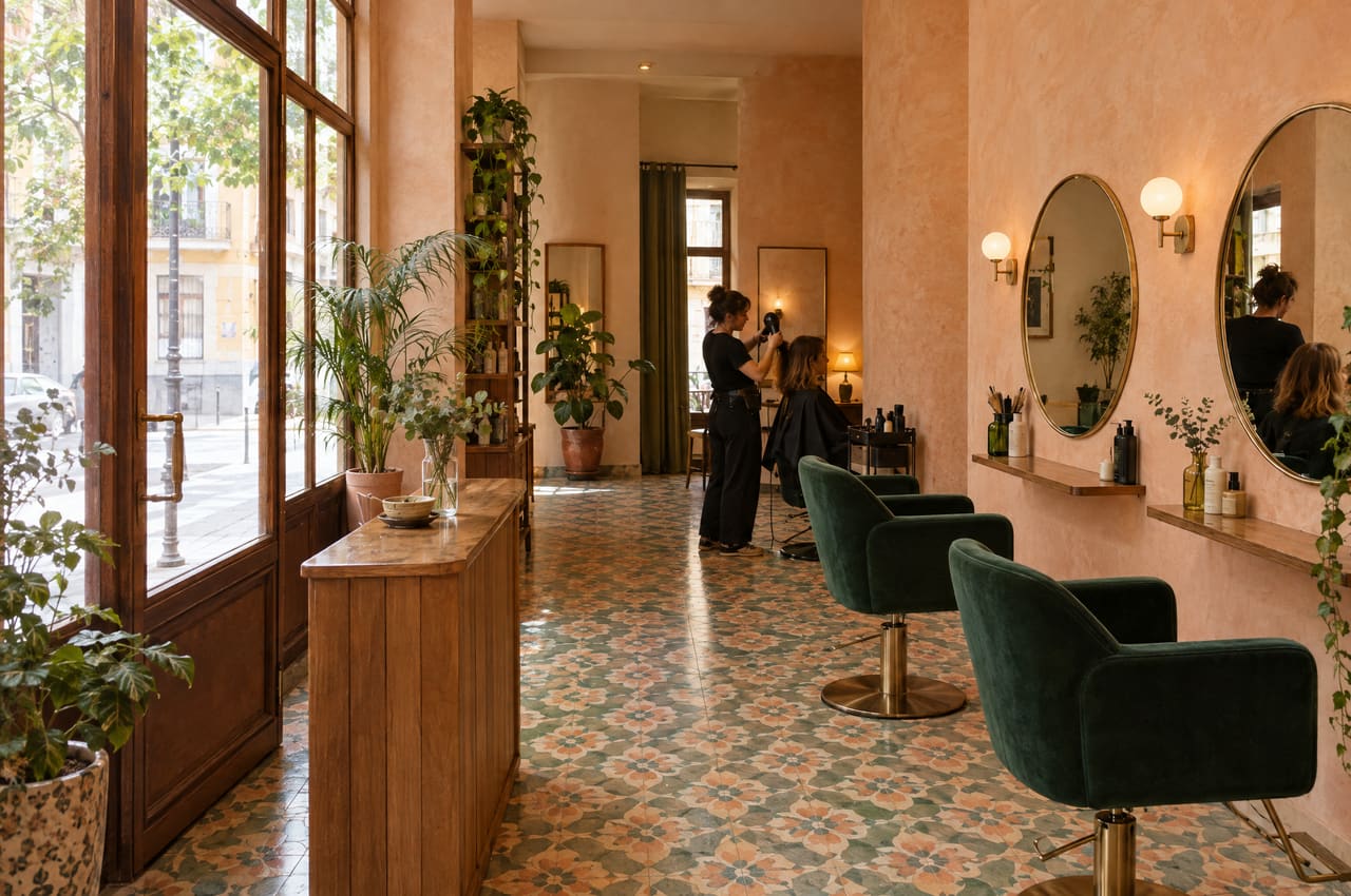 Inside Estudio Cirera: patterned tiled floor, green velvet chairs, round mirrors and tall wooden windows
