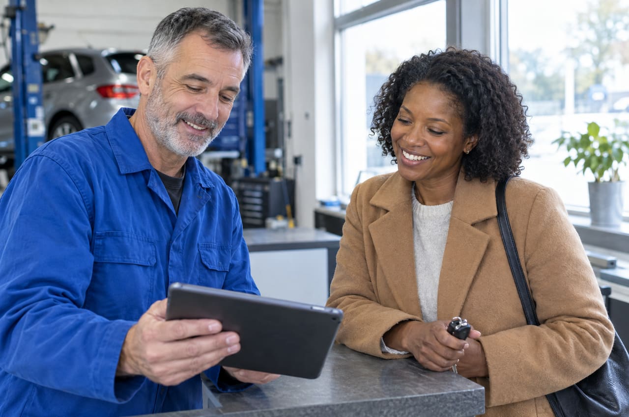 A mechanic shows a smiling customer a photo of a part on a tablet, keys in her hand.