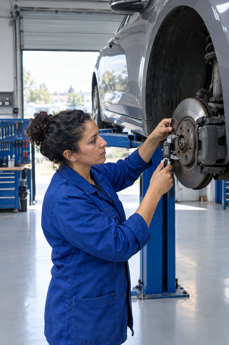 A mechanic in blue workwear measures a brake disc with a digital caliper, car raised on a lift.