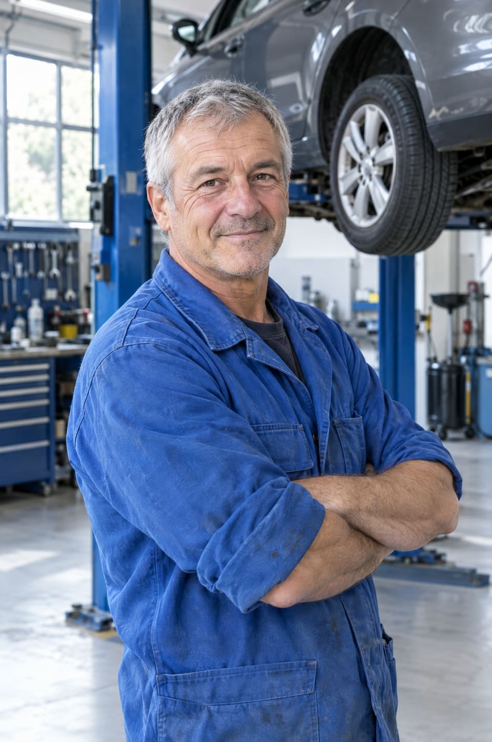 Julien Chavrot, who runs the workshop, arms crossed in front of a car on a lift.