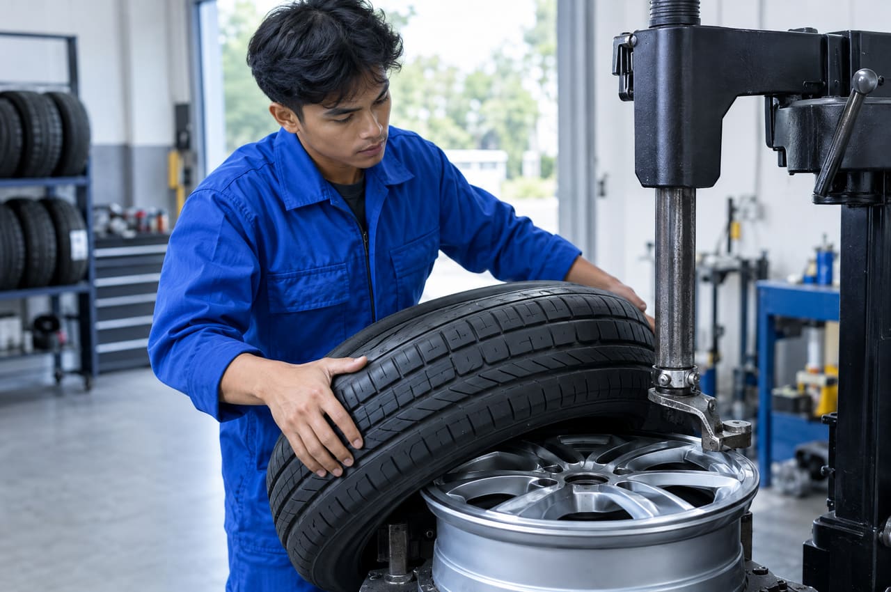 A young mechanic fits a new tyre onto an alloy wheel on the workshop tyre changer.