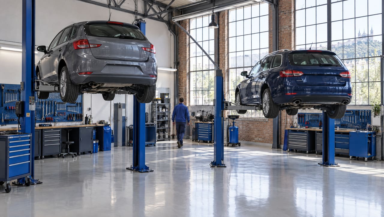 The Chavrot workshop: two cars on blue lifts, a pale grey floor and tall steel windows.