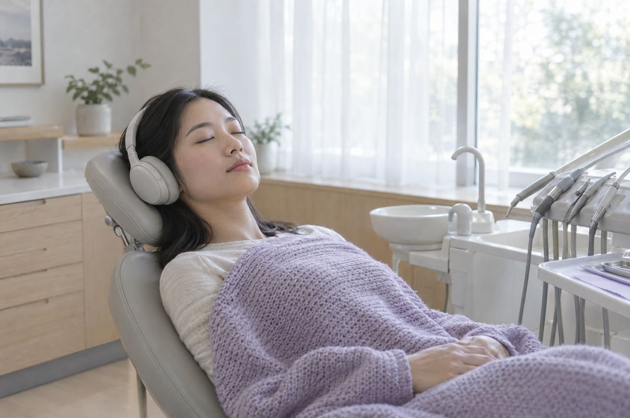 A patient resting in the dental chair with headphones on, eyes closed, under a knitted lilac blanket