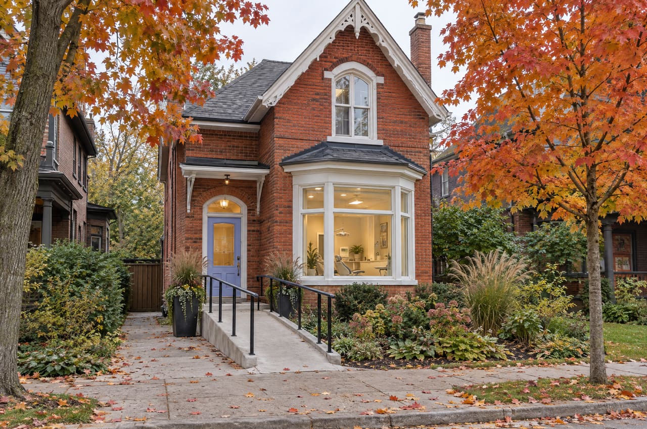 The clinic: a red-brick Victorian house with a lilac front door, a ramp with a black handrail, and maple trees turning orange