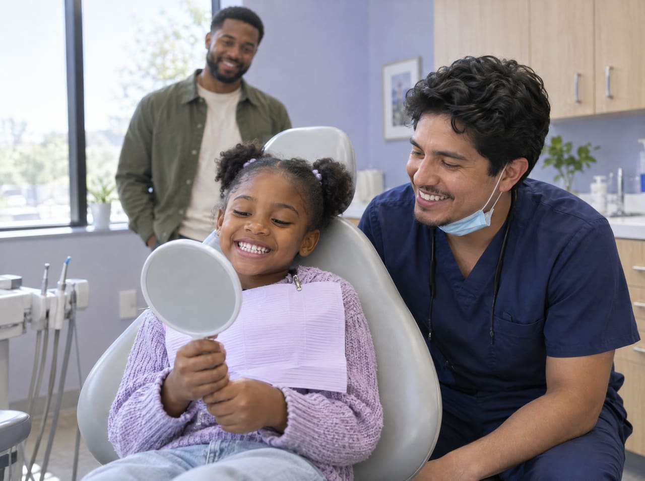 A young girl grinning at her teeth in a hand mirror while a hygienist smiles beside her and her dad watches