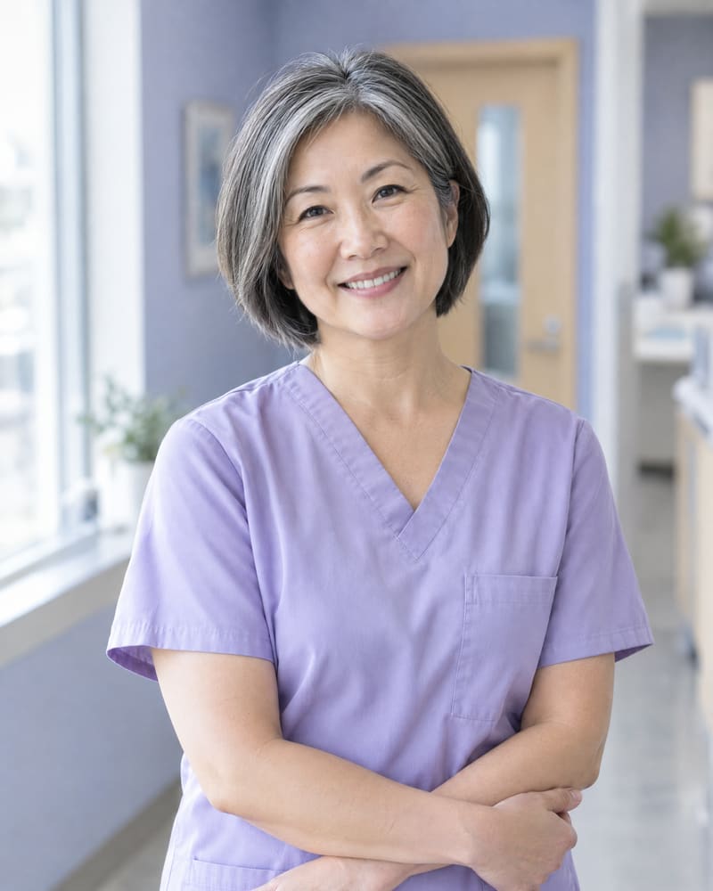 Portrait of hygienist Mei Tanaka in lilac scrubs