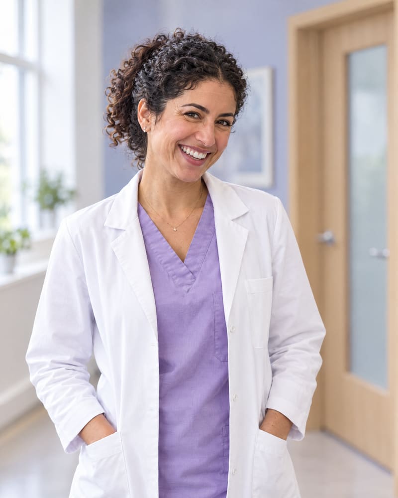 Portrait of Dr. Nadia Rahimi in a white coat over lilac scrubs