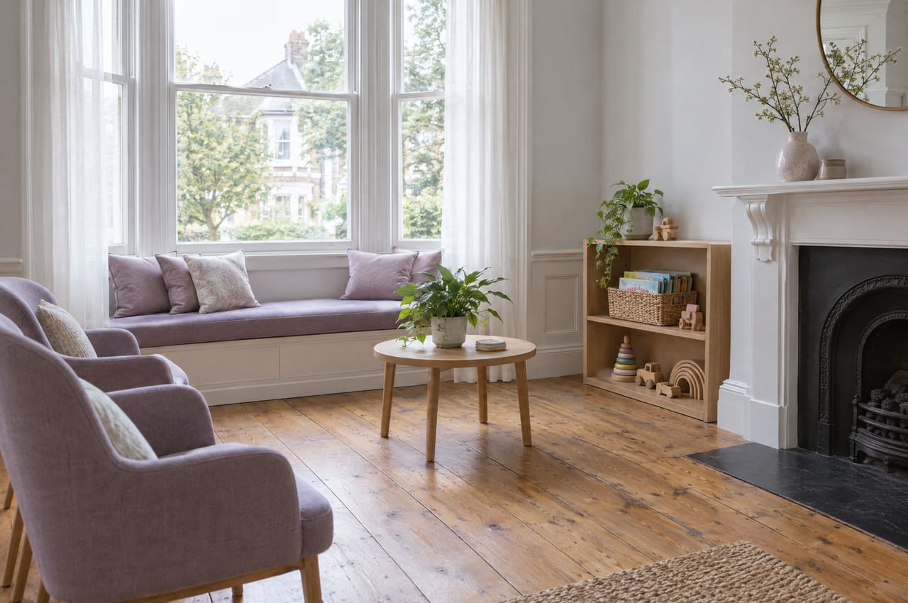 The front room: a lilac window bench, a fireplace, plants and a low shelf of children’s books and wooden toys