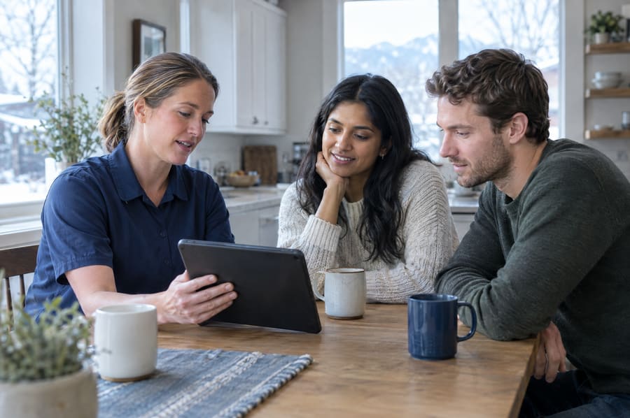 A technician walks a young couple through a written repair price on a tablet at their kitchen table