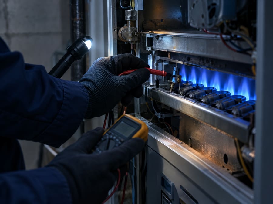 Gloved hands test a gas furnace with a multimeter while a row of clean blue flames burns inside
