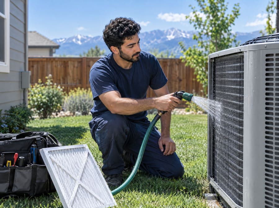 A technician rinses the fins of an outdoor air conditioner during a summer tune-up