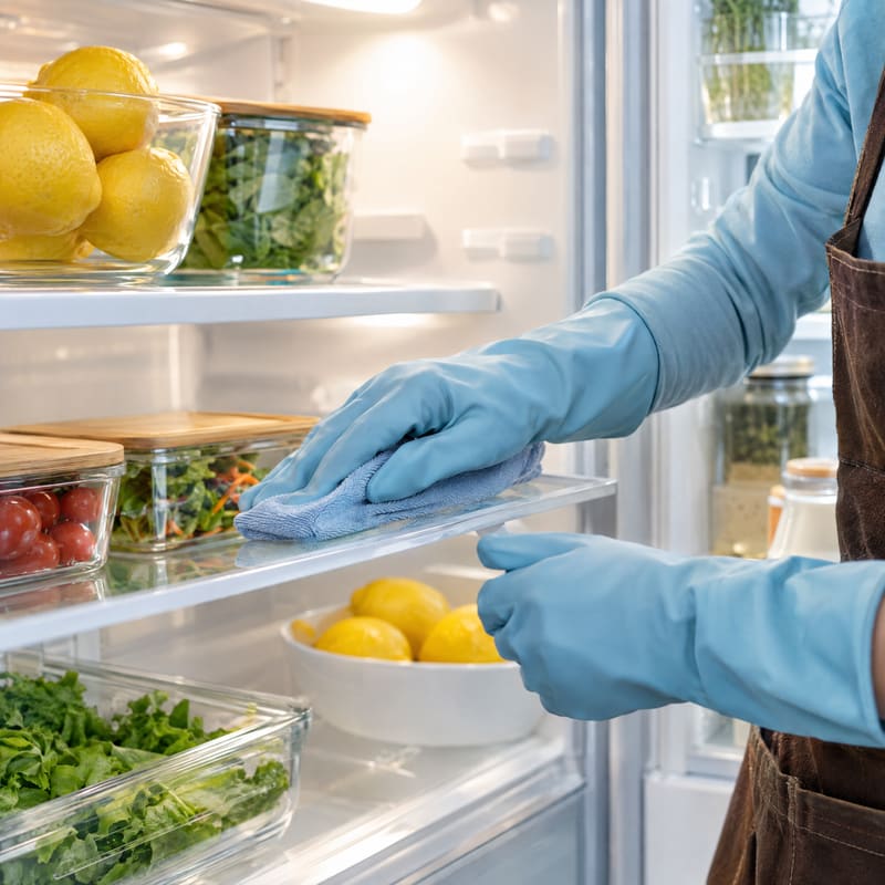Gloved hands wiping a glass shelf inside a spotless refrigerator