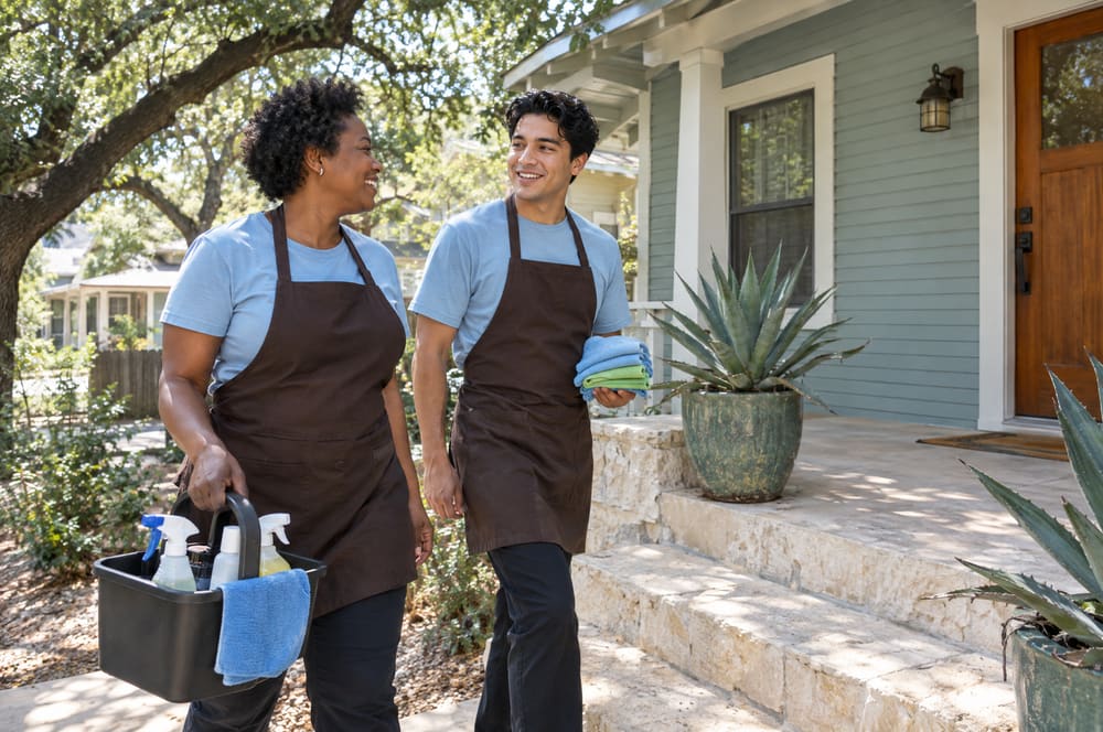 Two Pecan Wren cleaners, a woman and a young man in blue shirts and brown aprons, walking up to a bungalow porch carrying a supply caddy and fresh cloths