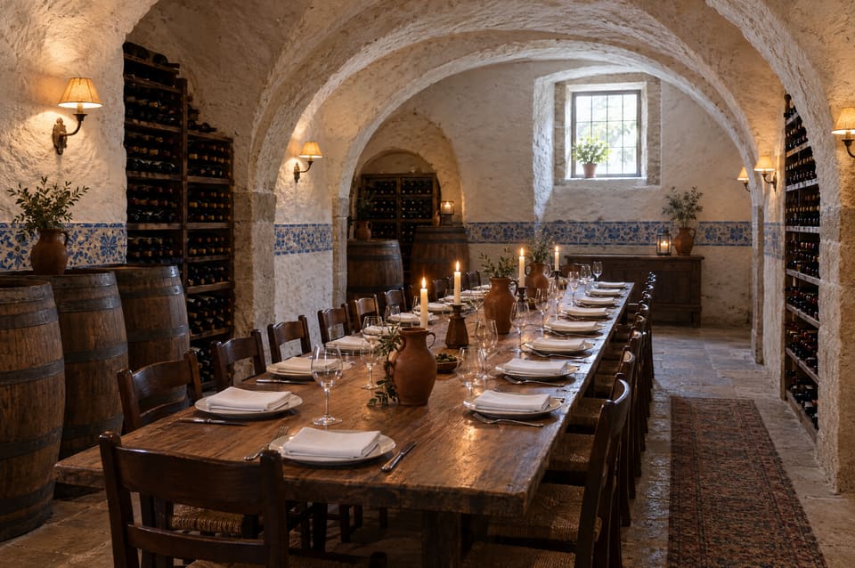 A whitewashed stone-vaulted cellar with a long table set for sixteen, candles, clay jugs, wine barrels and bottle racks.