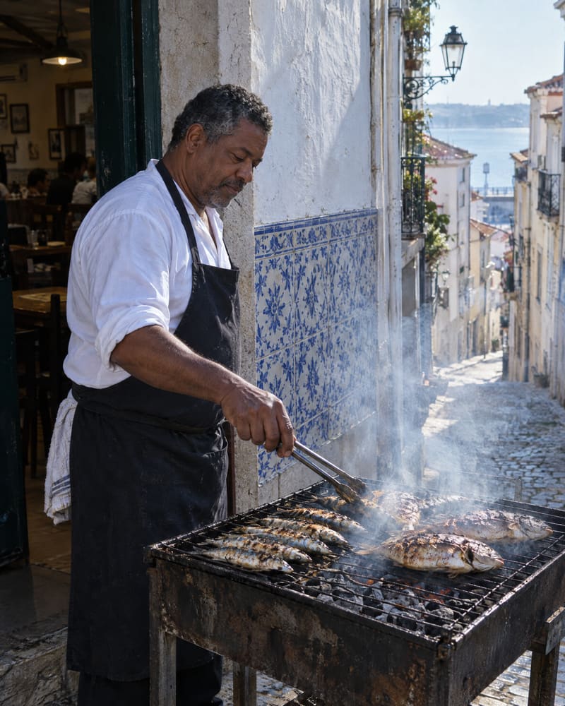 A cook in a dark apron turning sardines and sea bream on a charcoal grill outside the tavern door, on a steep Alfama street.