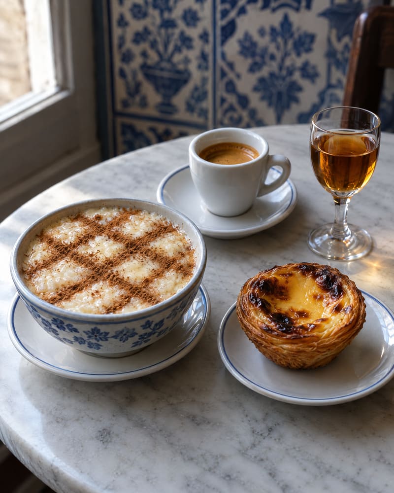 A bowl of rice pudding with a cinnamon lattice, a custard tart, an espresso and a glass of muscat on a marble table.