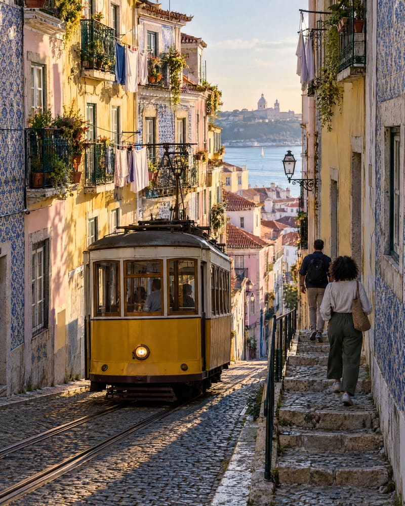 A yellow tram climbing a narrow Alfama street between houses with balconies, drying laundry and tiled façades, with the river beyond.