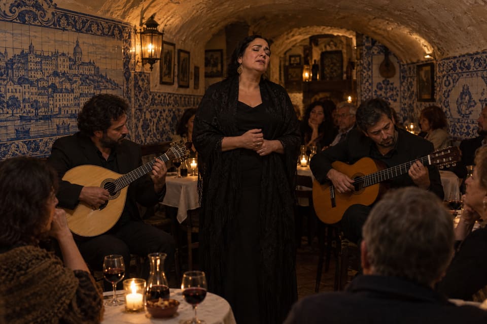 A fado singer in a black dress and shawl singing with eyes closed between a Portuguese guitar player and a guitarist, in a tiled room lit by candles.
