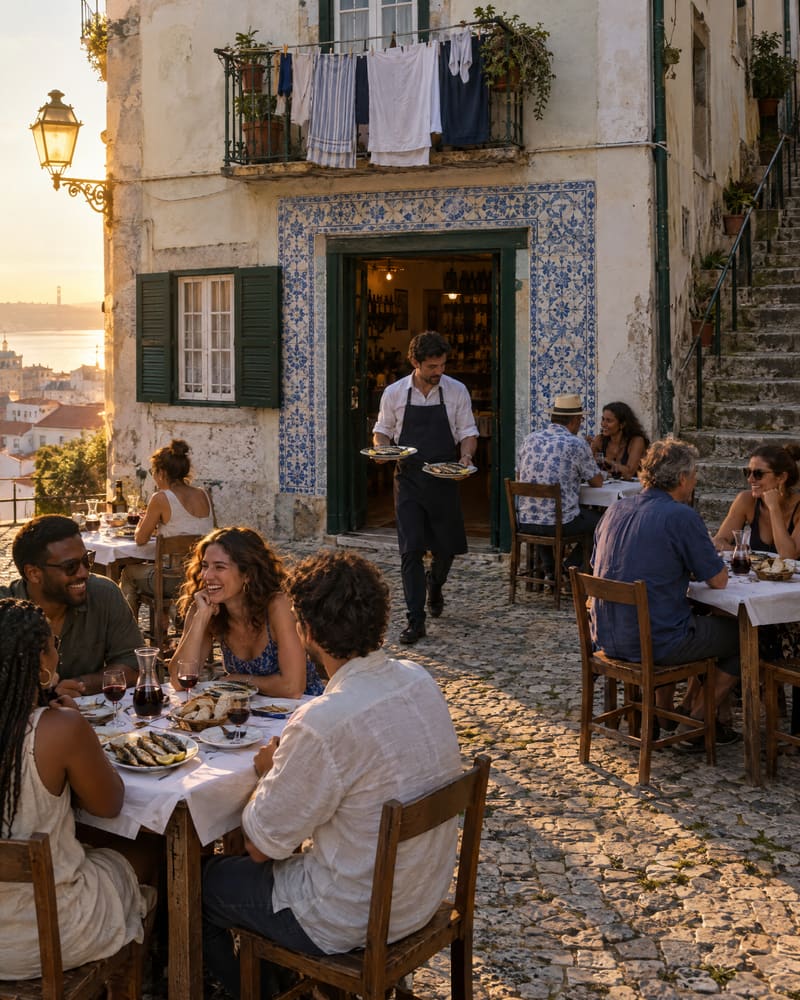 The tavern’s terrace at golden hour on a small square in Alfama: paper-covered tables with sardines and wine, a waiter serving, and a doorway framed in blue-and-white tiles.