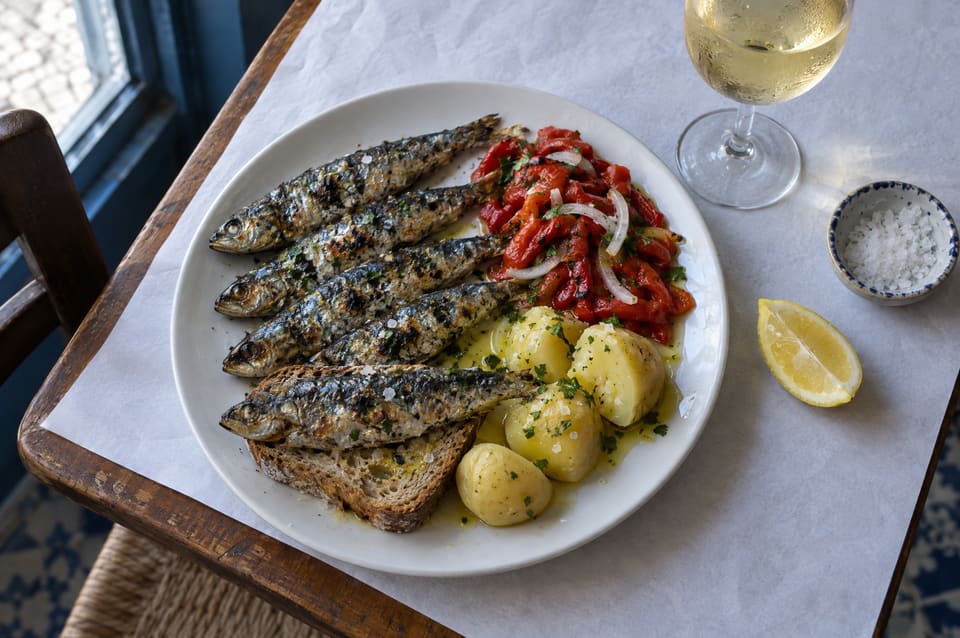 A plate of grilled sardines with roasted pepper salad and boiled potatoes, bread, lemon and a glass of white wine on a paper tablecloth.