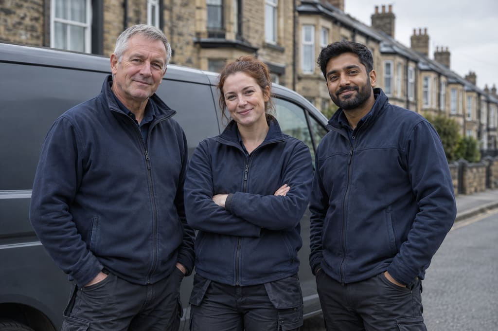 Mick, Jess and Imran from Thornrigg standing by their van on a street of stone terraces