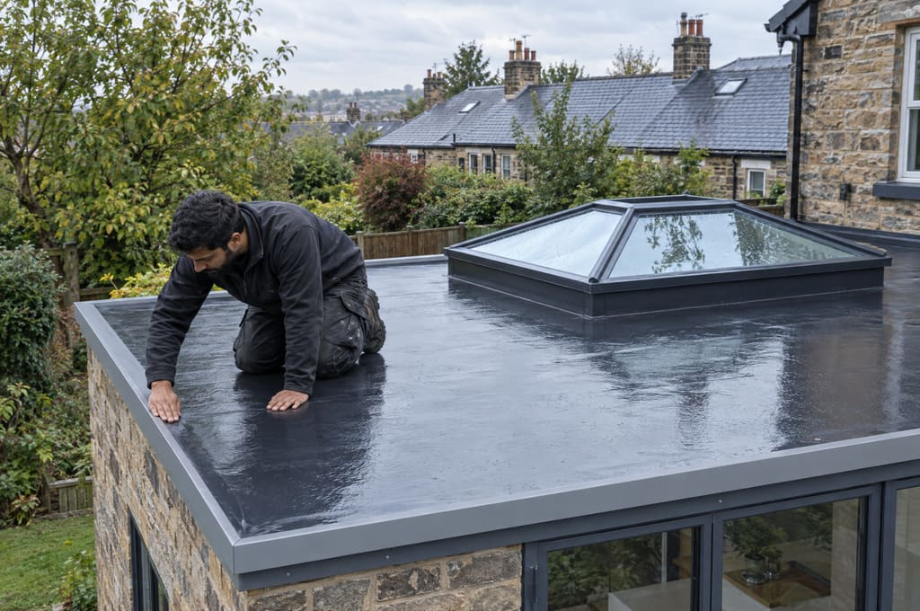 A roofer checking the edge of a new black rubber flat roof with a glass roof lantern on a stone kitchen extension