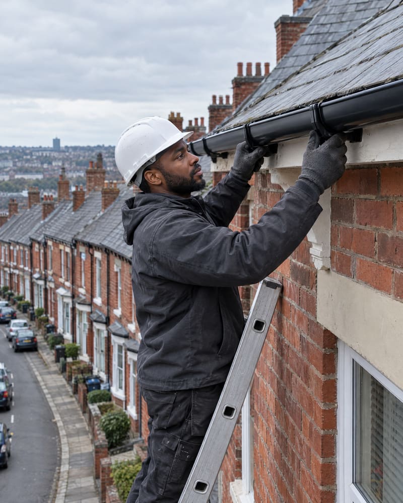 A roofer on a ladder fitting a new black gutter under the eaves of a red-brick terrace