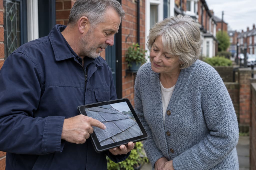 A roofer showing a homeowner photos of her roof slates on a tablet at her front door