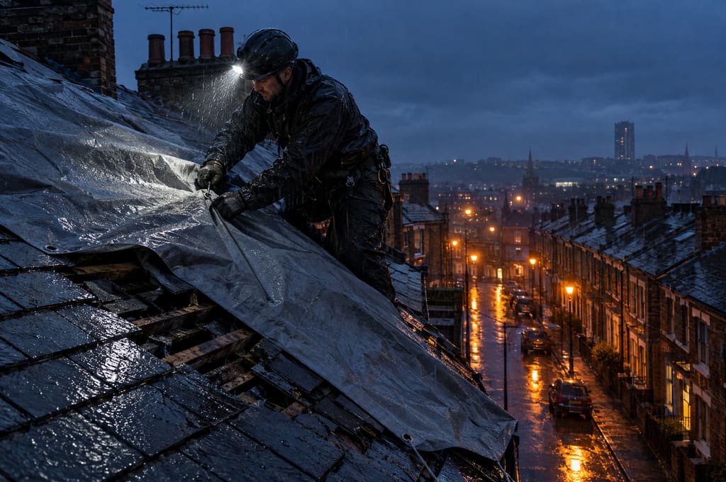 A roofer with a head torch securing a tarpaulin over a storm-damaged slate roof at dusk in the rain